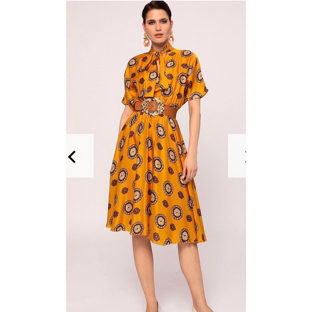 NISSA Women’s A line Printed Dress Silk Blend Scarf Collar yellow US Sz 2 classy